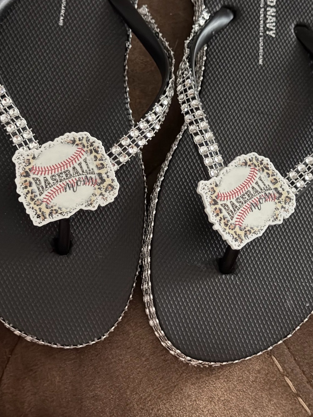 Women's Black Rhinestone Baseball Flip Flops